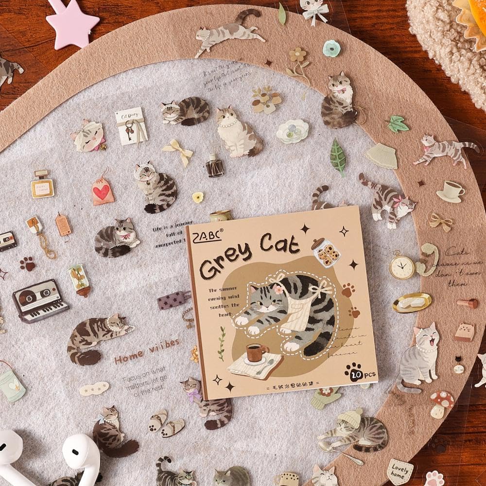 Cute Cat Journaling Stickers Book, Clear PET Sticker Booklets, 40 Sheets Diecut Stickers, 3.15x3.15 Inches, Transparent Waterproof Collage Stickers for Scrapbooking, Bujo, Planner