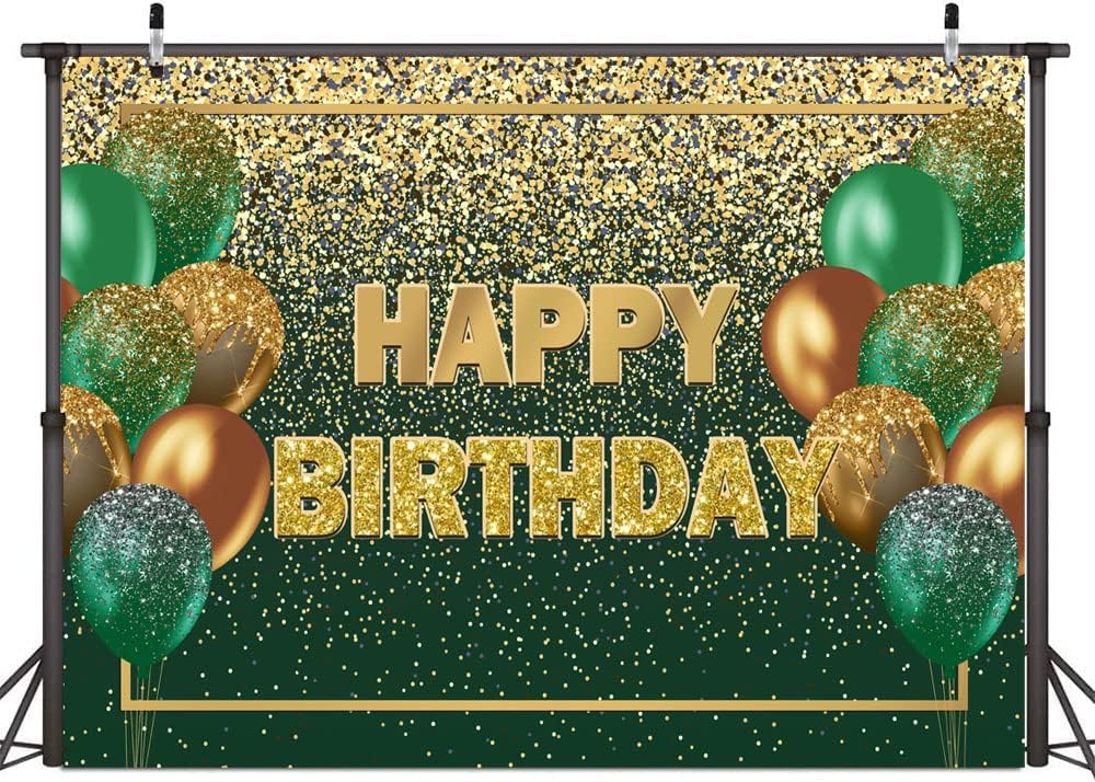 Ticuenicoa 10×7ft Glitter Green Gold Birthday Backdrop Gold Green Bokeh Balloons Women Men Happy Birthday Banner Decorations 30th 40th 50th 60th Birthday Party Photography Background Photo Props