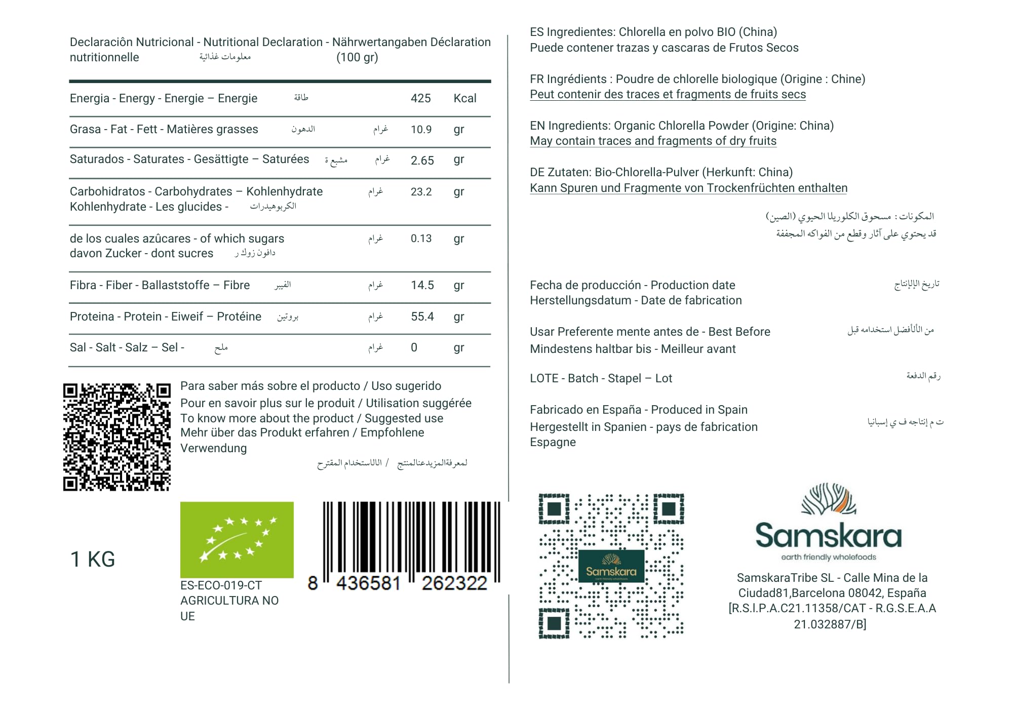 Samskara Tribe Chlorella Orgánica en Polvo | Superalimento Rico en Nutrientes | Alto en Clorofila Natural y Proteína Vegana | No GMO, Sin Gluten | 1 kg x 1 Paquete