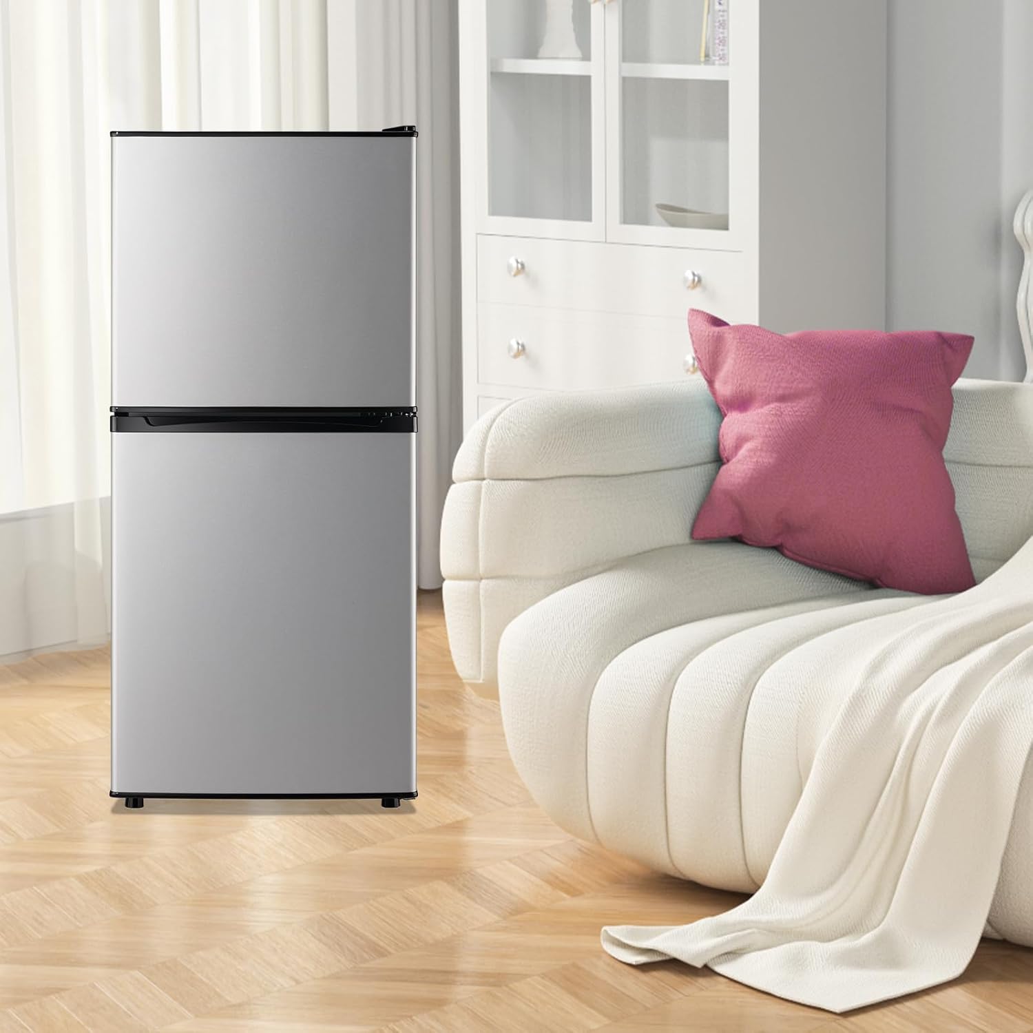 DEMULLER Mini Fridge with Freezer Two Doors Refrigerator with 7 Setting Adjustable Thermostat Crisper Drawer & Removable Shelves Low Noise Freezer-on-Top Refrigerator, 3.88Cu.ft, Silver