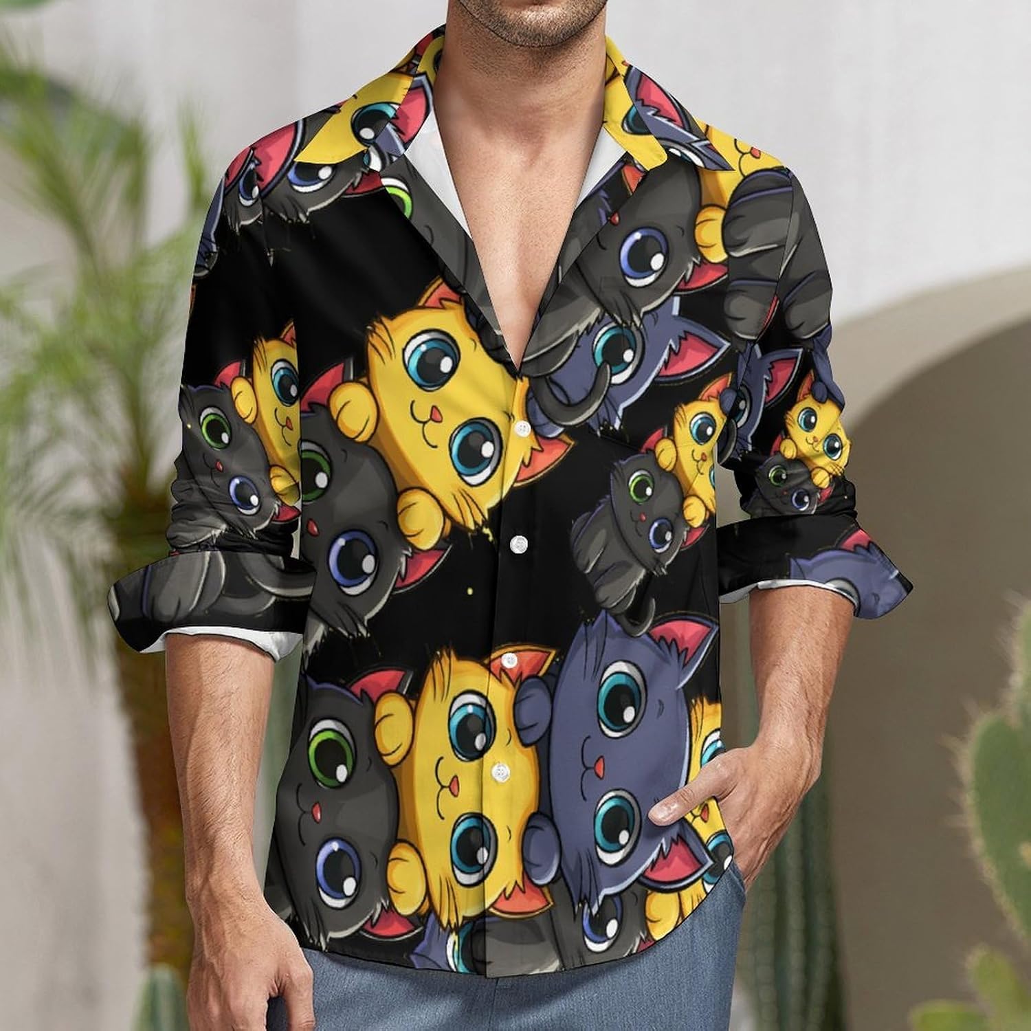 Cute Cat Long Sleeve Shirts Casual Dress Shirt Button-down T-shirts for Men