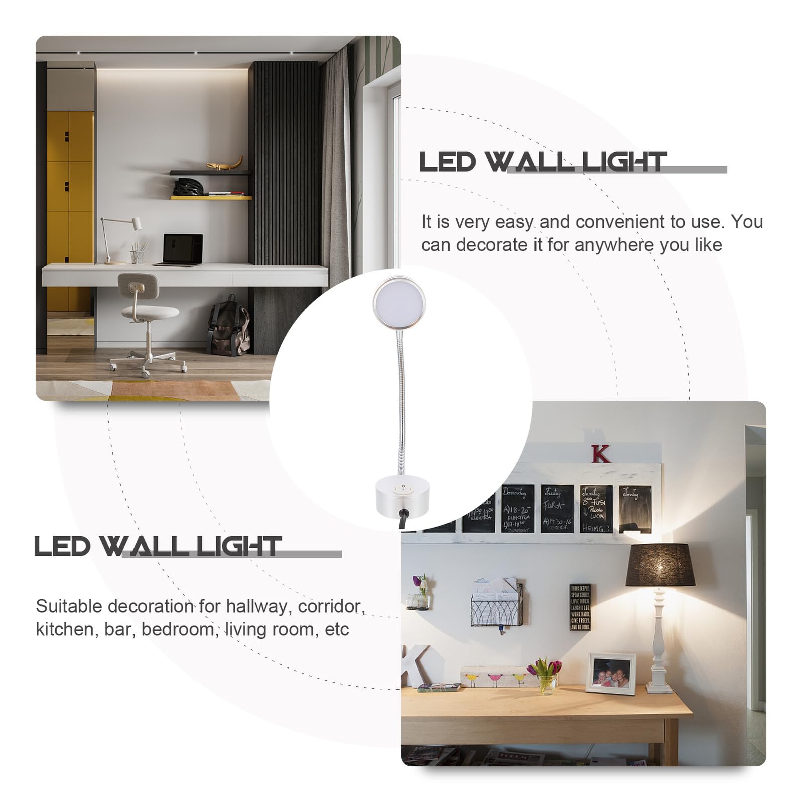 Lámpara de Lectura para Cama LED de Pared, Luz Decorativa de Aluminio Plata Cuello Cisne Flexible, Fácil de Usar para Dormitorio y Pasillo