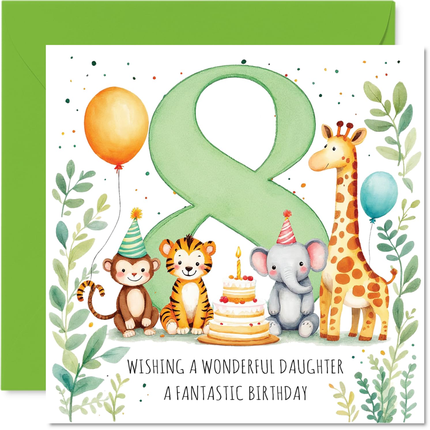 Playful 8th Birthday Card for Daughter - Joyful Birthday Fun - Playful Animals with Balloons and a Big Cake - 145mm Square, Envelope Included