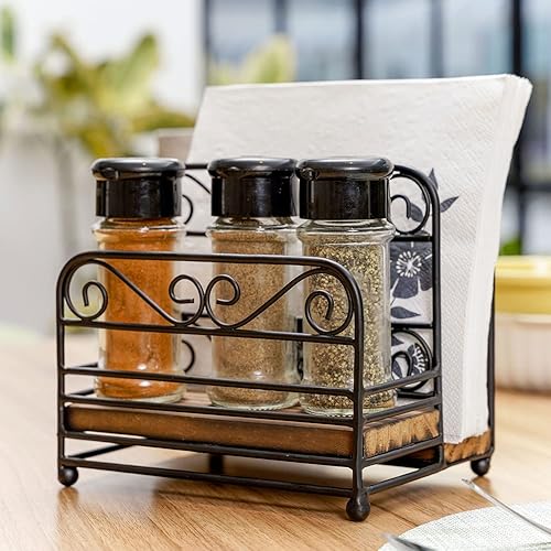 Miniatura 10 de MyGift Country Rustic Scrollwork - Servilletero de metal negro y tarro de especias con compartimento para sal y pimienta con base de madera