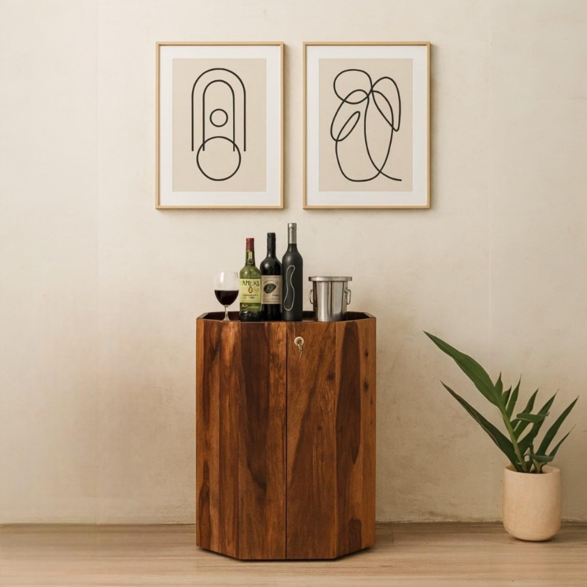 Octagon Sheesham Wood Bar Cabinet, 88 cm Height x 66 cm Width x 66 cm Depth, with Lock System, Living Room Storage-image-4
