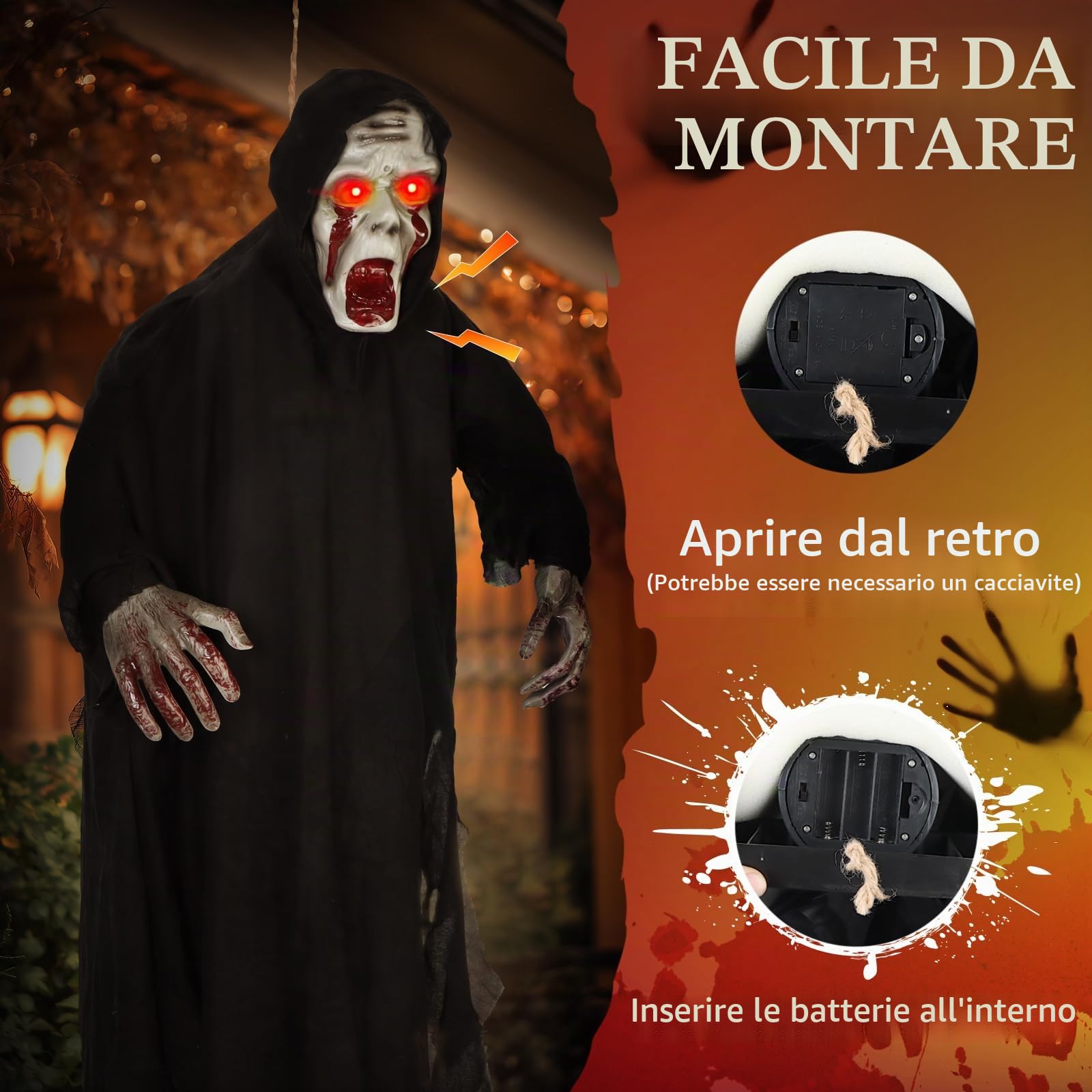 Natale Horror 2025 Decorazioni Halloween Fantasma da Appendere Scheletro con Occhio Rosso, Attivato dalla Voce Addobbi Casa Decorazioni Esterno Horror Giardino