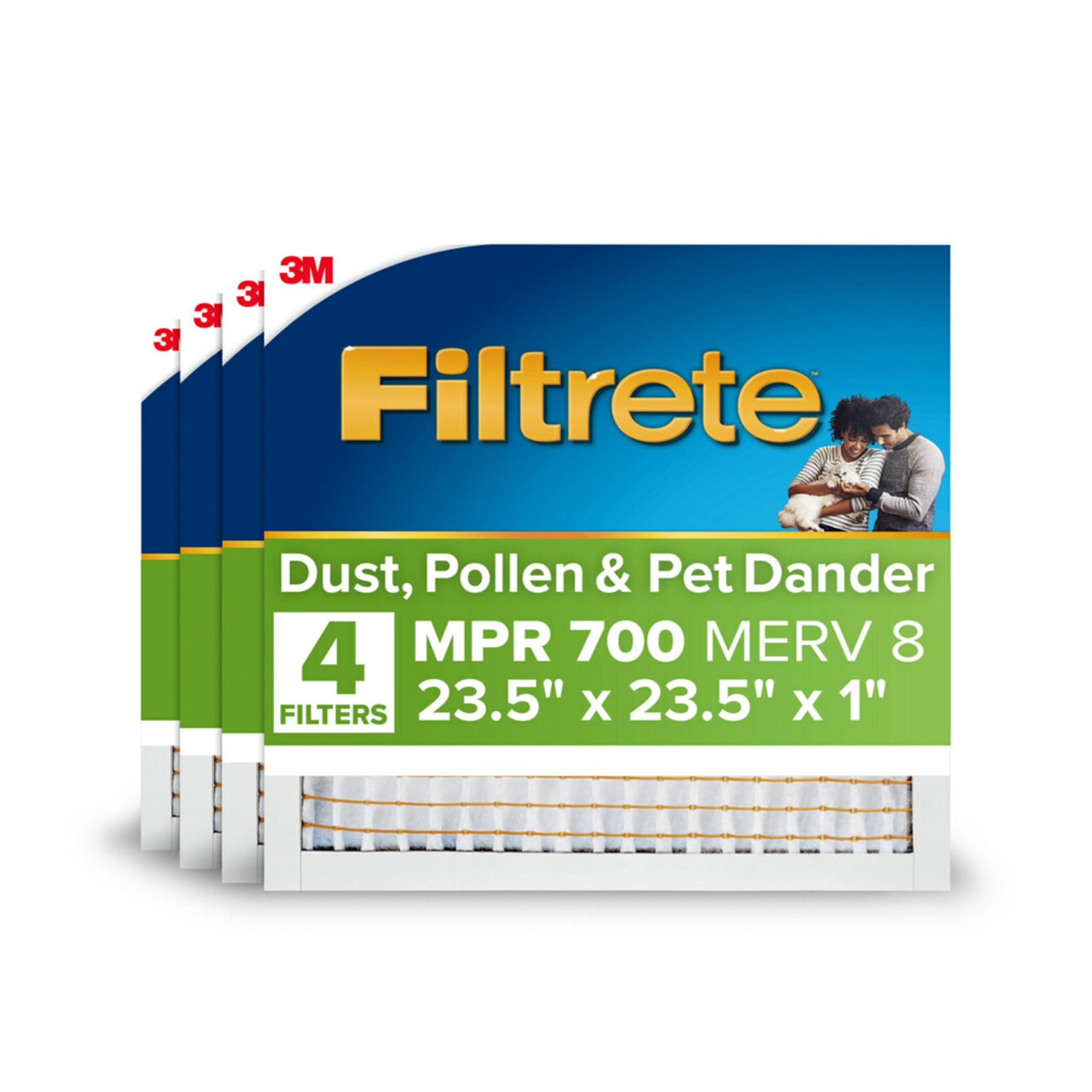 Filtrete 23.5x23.5x1 AC Furnace Air Filter, MPR 700, MERV 8, Tough on Pollen, Easy on Airflow, 3-Month Pleated 1-Inch Electrostatic Air Cleaning Filter, 4-Pack (Actual Size 23.19 x 23.19 x 0.81 in)