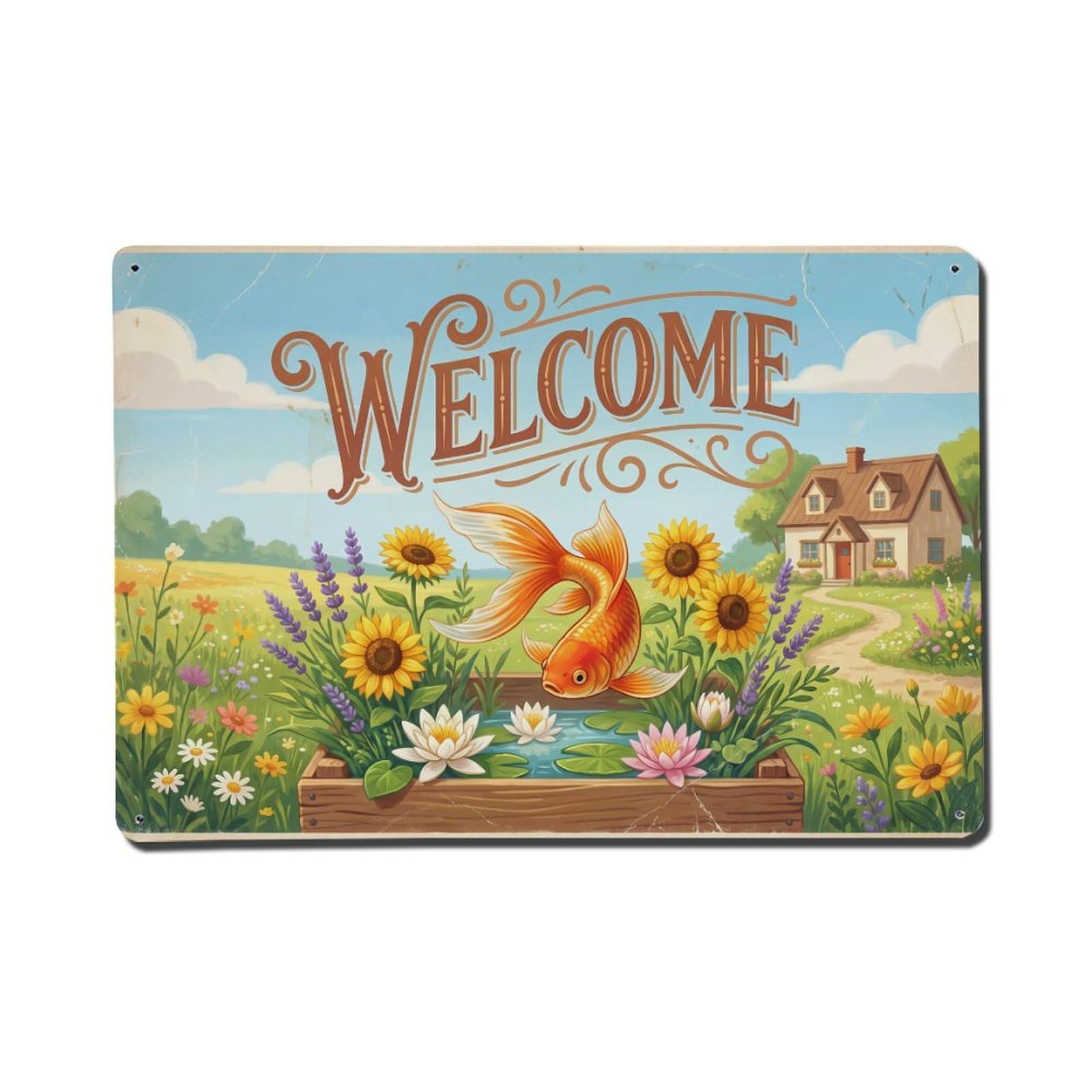 Vintage Welcome Goldfish Nature Lover Metal Tin Sign