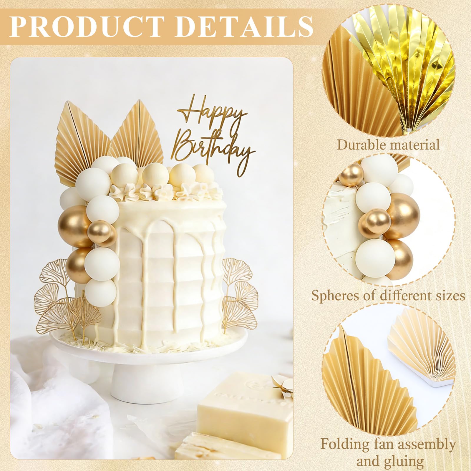 30 Pcs Gold Cake Decorations-Gold Palm Leaves Cake Decoration with 1 Acrylic Cake Topper - Image 3