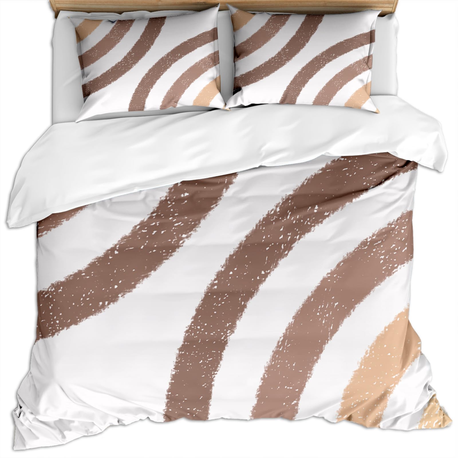 Funda edredón y fundas de almohada para camas de 135 con estampado 3D de rayas blancas y marrones