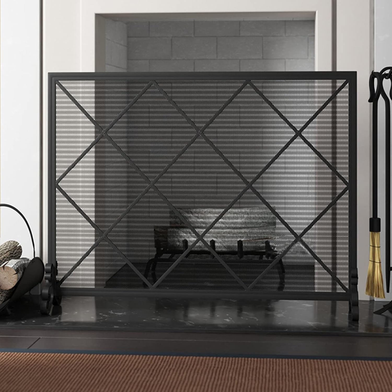 Wrought Iron Large Screen Fireplace Screen Iron Art Fireplace Partition Screen Fence Fireproof and Anti-scald Fireplace Screen 39" W X 30.3" H X 8.7" Spark Guard Fireplace (Black)
