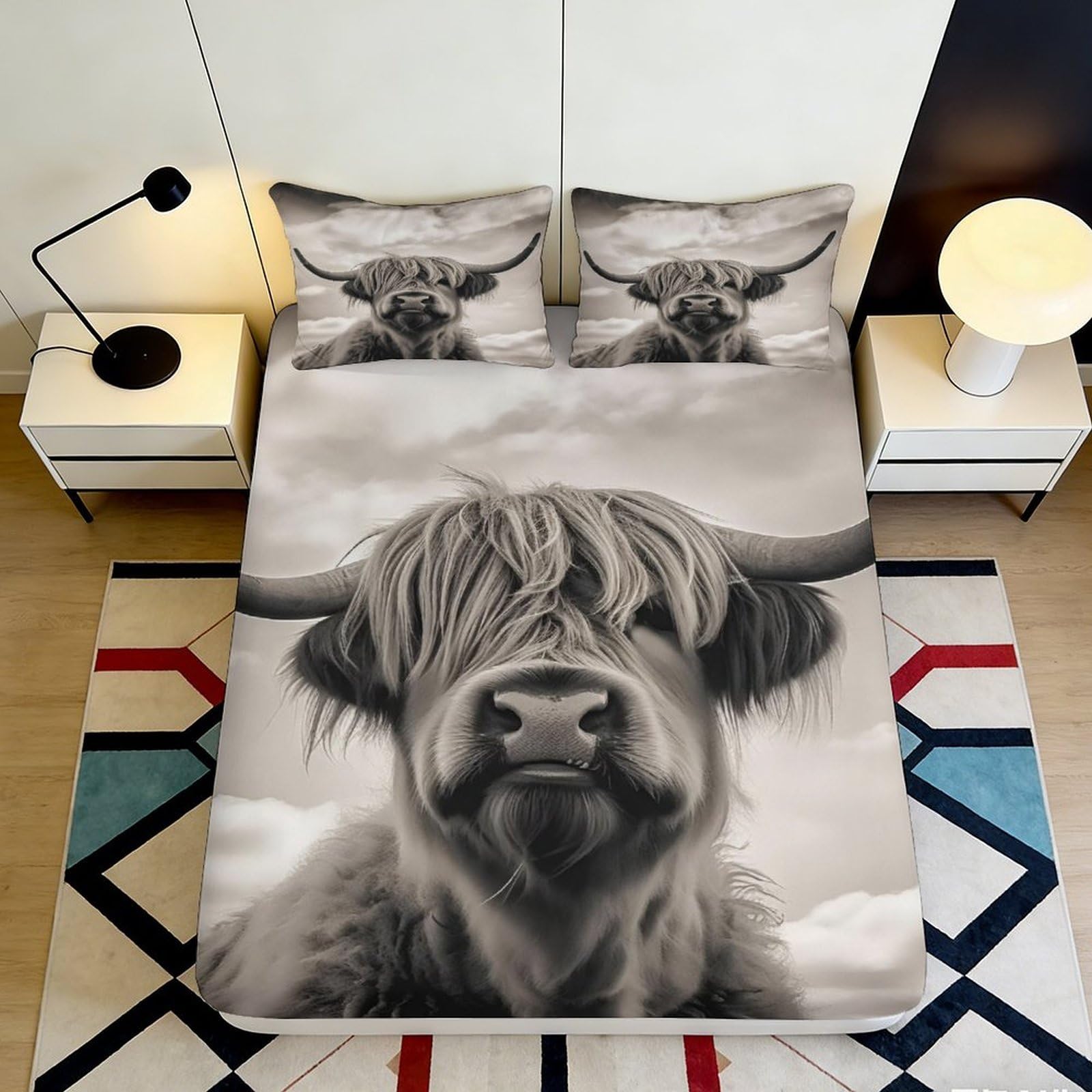 3D Printed Highland Cow Fitted Sheet Microfiber Soft Breathable Farm Animal Mattress Cover for Bedroom Dorm Mattress Protection Decor 120x200x25cm