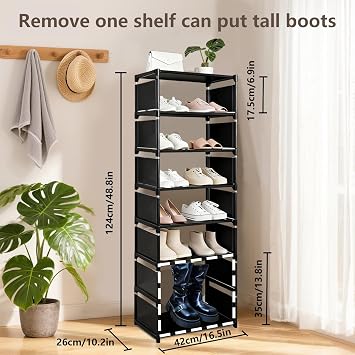 8-Tier Tall Shoe Rack, Narrow Vertical Shoe Storage Organiser for 16 Pairs, Slim Free Standing Shoe Shelf with Removable Shelves for Boots, Hallway Entryway Cloakroom, Black