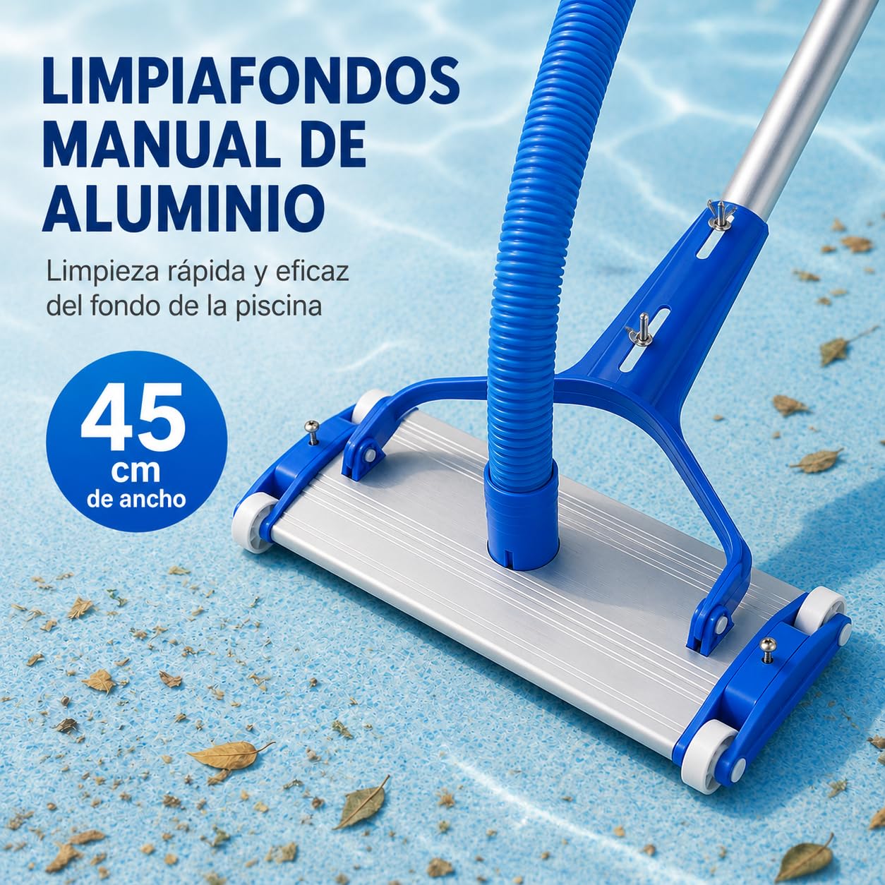Limpiafondos de aluminio para piscina - Fijación palomilla - Cepillos de nylon - 4 ruedas - 45 cm Dpool