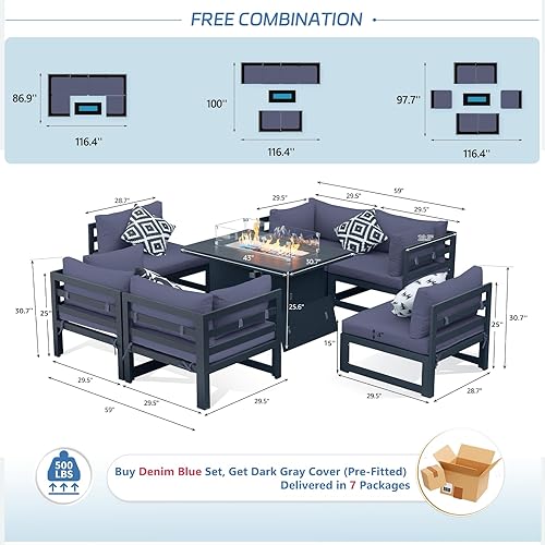 Miniatura 553 de NICESOUL 7 Piece White Powder-Coated Aluminum Patio Furniture with Fire Pit Table, 29 Inch Extra Wide Outdoor Sectional Sofa for 6, High-End Heavy