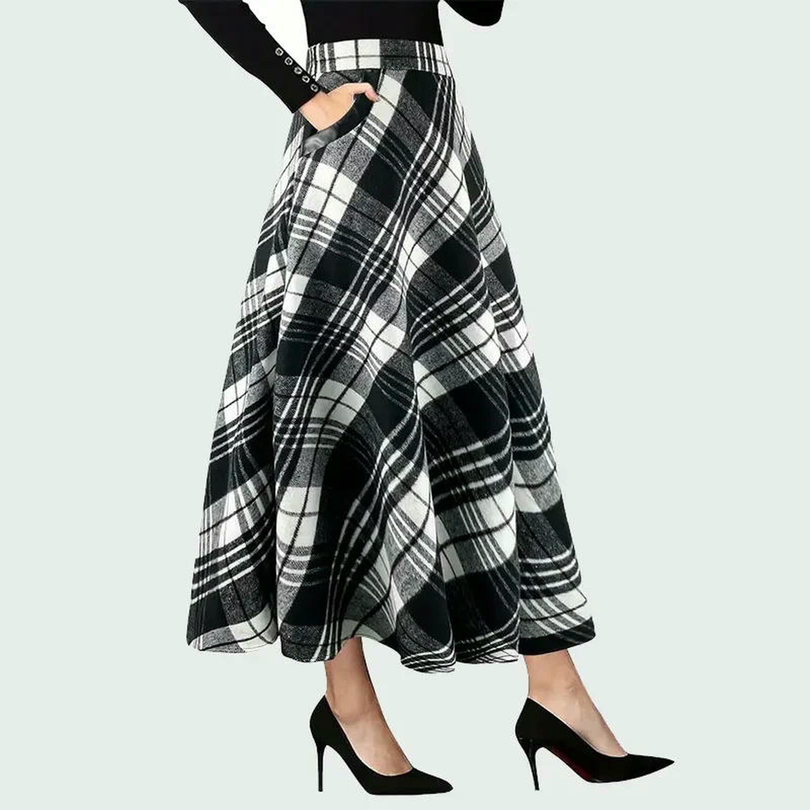 Gonna Lunga Gonne Lunghe Scozzesi Eleganti Donna Autunno Moda Spessa Longuette A Trapezio Vita Alta da Tascabili Larghe Ufficio-fa322-1-s