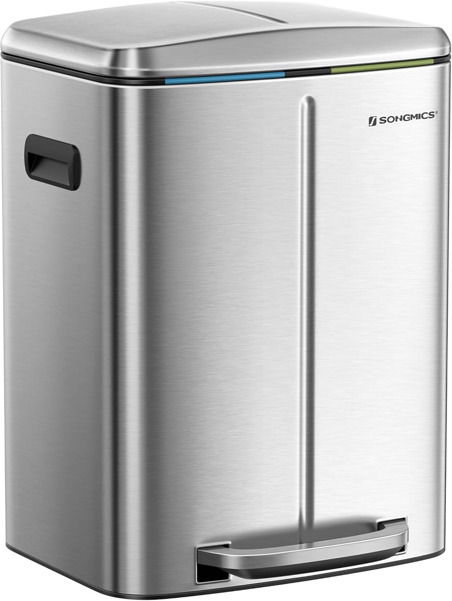 SONGMICS 40 L Mülleimer mit 2 Fächern, 2 x 20 L, Abfalleimer, Treteimer aus Metall, Inneneimer aus Kunststoff, mit Klappdeckel und Griffen, Softclose, luftdicht, silbern LTB40NL