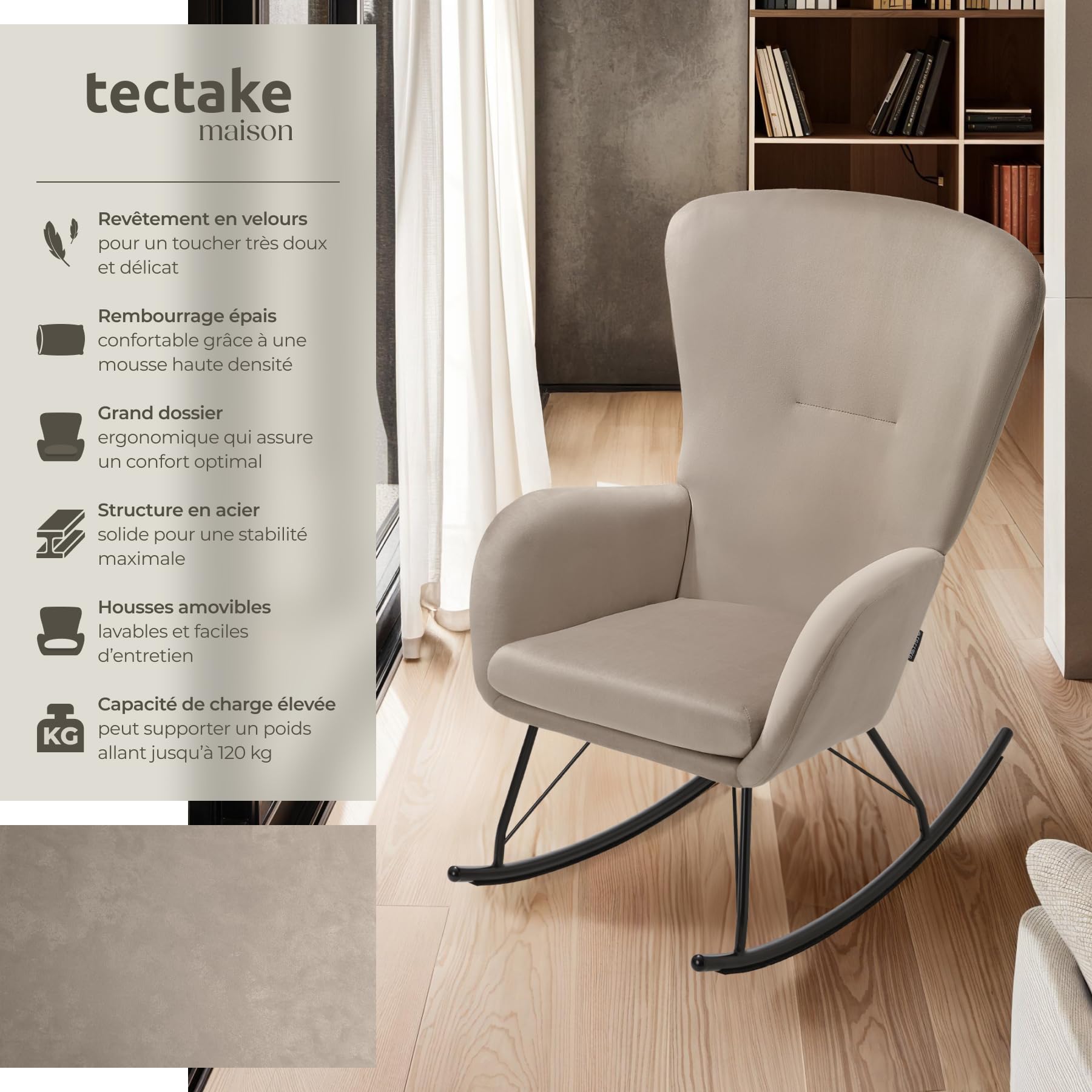 Fauteuil à Bascule Scandinave Rembourré - Dossier Haut Et Accoudoirs Larges - Cadre Acier, Patins Bois - Idéal Détente Et Allaitement