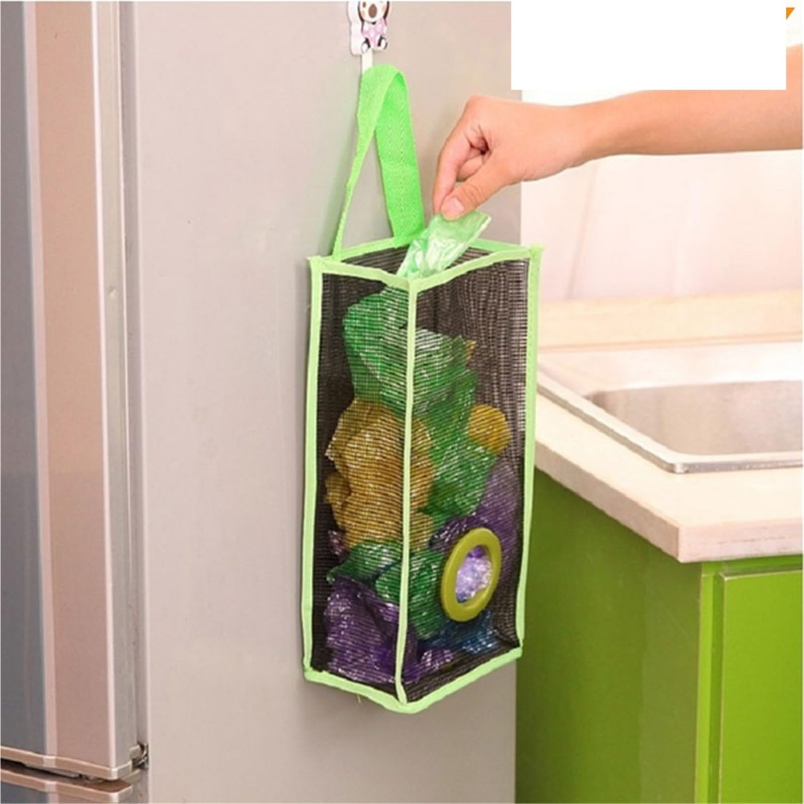 Caja de Almacenamiento Bolsas Basura, dispensador Malla for Colgante, Bolsa Reutilizable for Cocina, Montaje en Pared, 4 Uds(Green)