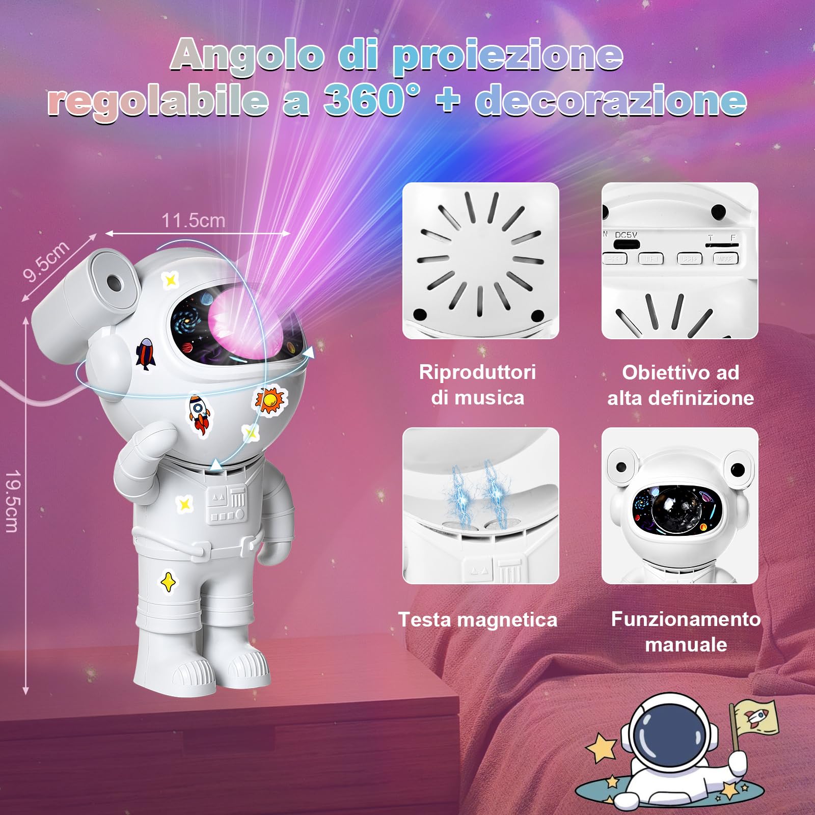 Herefun Astronauta Cielo Stellato Galassia Proiettore, Proiettore Stelle Soffitto con Telecomando, Altoparlante Bluetooth, Luminosità e Velocità Regolabili, Regali per Bambini e Adulti