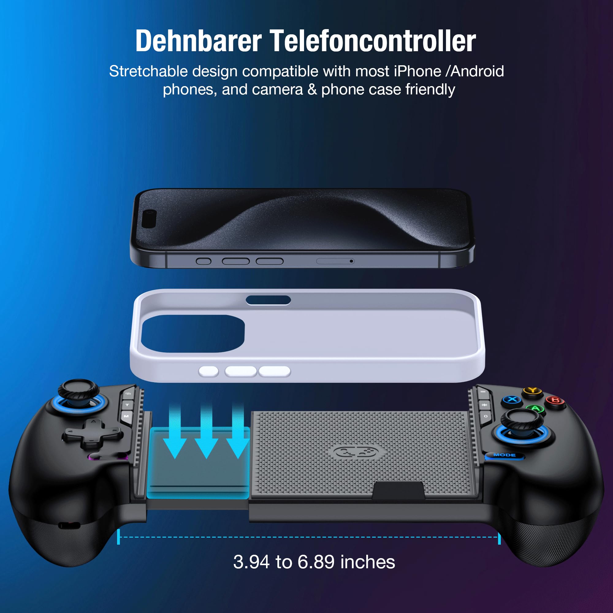Controller wireless per iPhone/Android con joystick Hall, controller di gioco mobile con supporto per custodia, compatibile con console Steam Link, Roblox, PlayStation