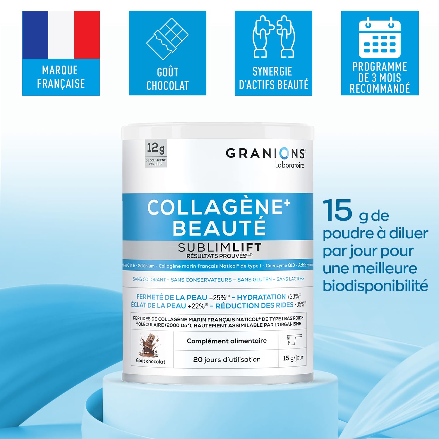 COLLAGENE MARIN BEAUTE SUBLIME LIFT GRANIONS - Collagene Marin - Acide Hyaluronique - Vitamine C - Coenzyme Q10 - Collagène - Peptide de Collagene - Goût Chocolat 300g