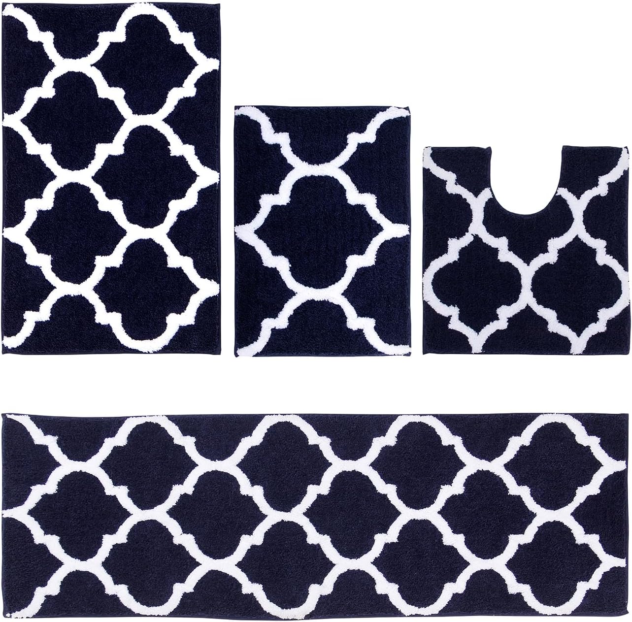Better TrendsMarrakesh Collection, Bath Rug Set, 100% Polyester Bath Mat, Reversible, and Water Absorbent Doormat, Navy, 4 Piece Set (17" x 24" | 20" x 20" | 21" x 34" | 20" x 60")