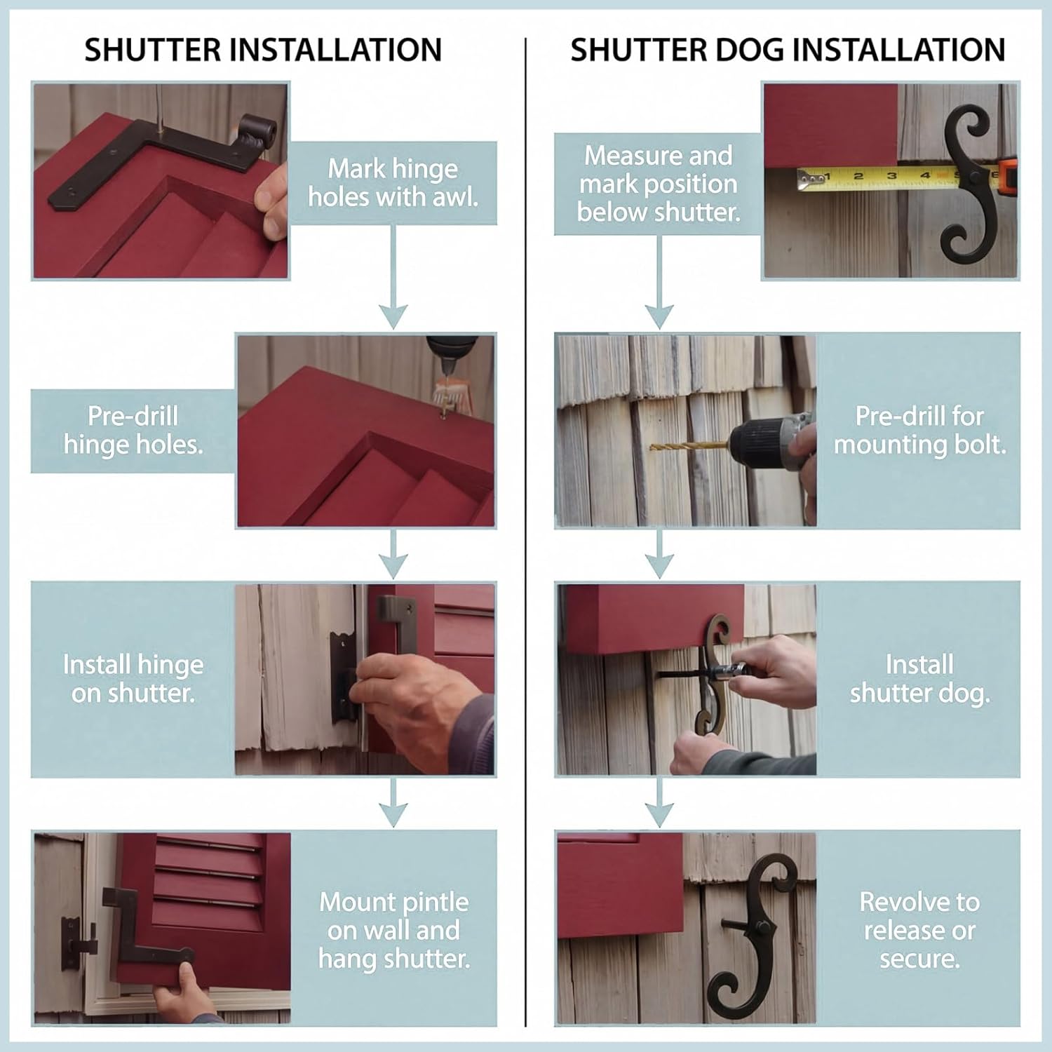 Moxweyeni 8 Pack (4 Pair) Steel Blind Shutter Hinges 1-1/16" with S Holdback Hooks for Exterior Shutters Window Kit Steel with Black Powder Coating Lift Off Pintle Reversible Hinges Heavy Duty Door