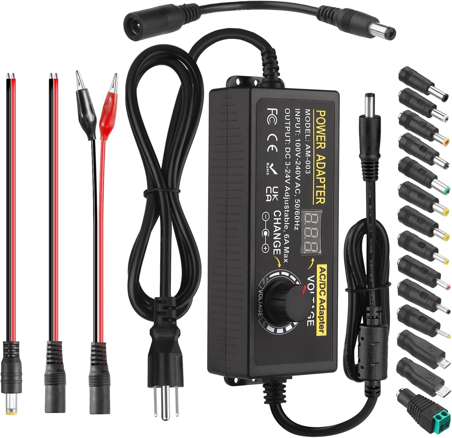 Adjustable Power Adapter, 3V ~ 24V Universal Power Supply 3A 72W AC/DC Adapter Variable DC Power Supply AC 100V-240V Universal AC Adapter Converter Transformer with Test Leads