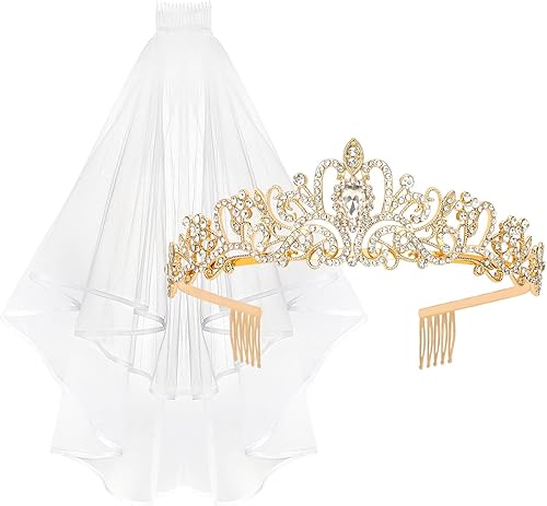 Miniatura 1 de YARIEW Corona dorada + velo de novia, tiara nupcial de boda con diamantes de imitación, decoraciones de despedida de soltera, regalo para mujeres y