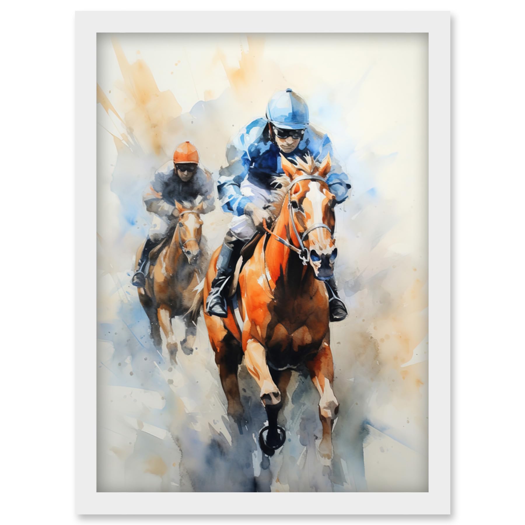 Artery8 Horseracing Jockeys Racing Horses Action Watercolour Kentucky Derby Grand National Cheltenham Gold Cup Painting Blue Orange Race Sport Artwork Framed Wall Art Print A4