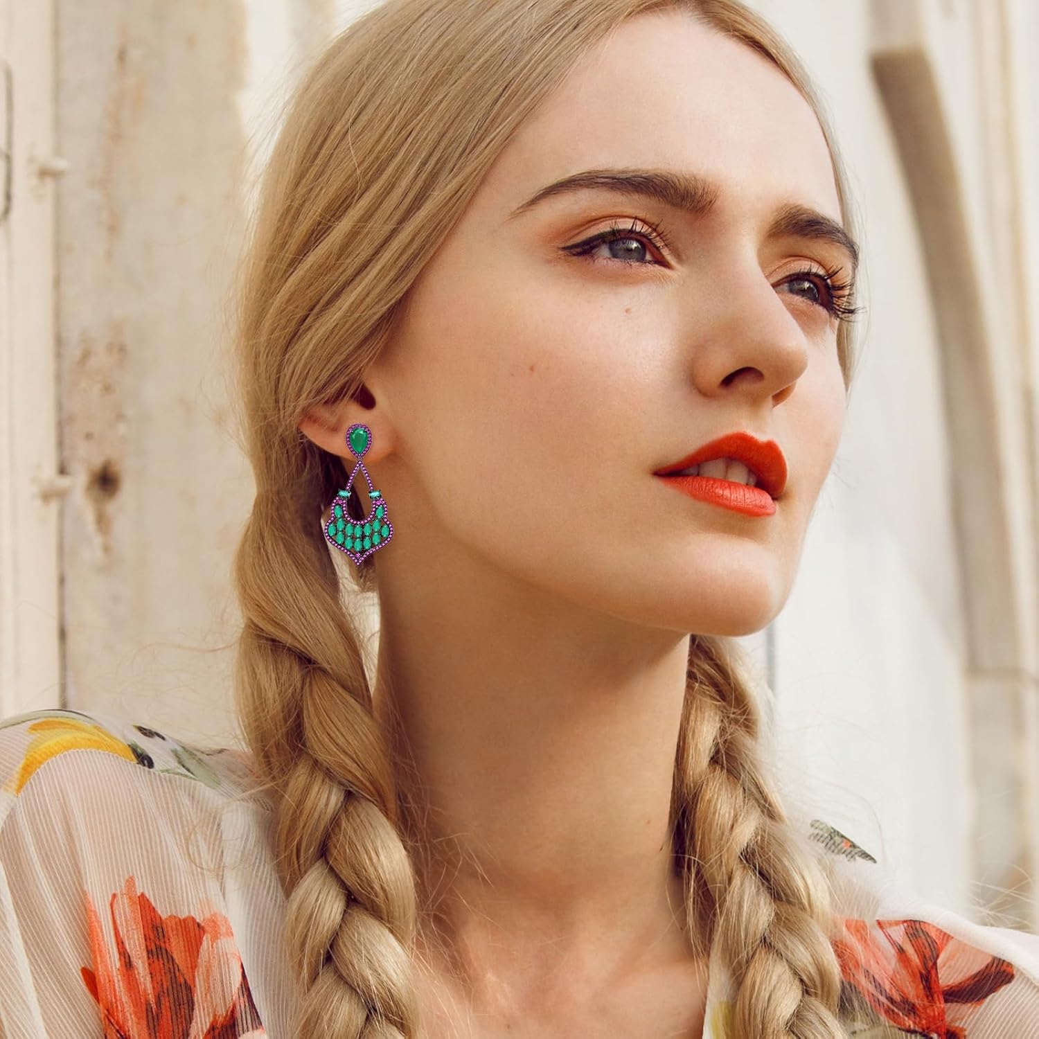 Dangle Emerald Green Crystal Earrings for Women Ruby Red Corundum Cubic Zirconia Drop Earrings Fashion Jewelry Gift for Wedding Prom Party - Image 5