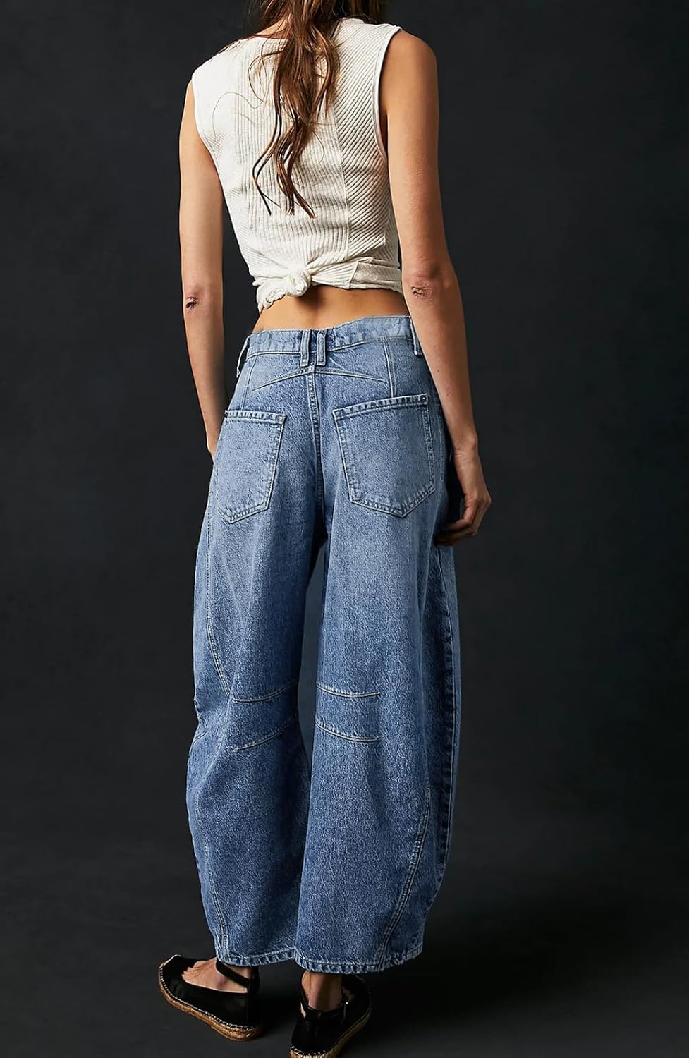 Womens Stretchy Mid Rise Barrel Jeans Vintage Loose Wide Leg Cropped Denim Pants Y2k Baggy Boyfriend Jeans - Image 3