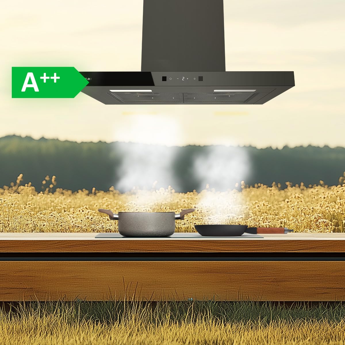 Cecotec T-förmige Dunstabzugshaube 60cm Bolero Flux, 413,3 m³/h, Energieklasse A++, Bewegungssteuerung, Booster mit hoher Effizienz und innovativer Technologie für moderne Küchen