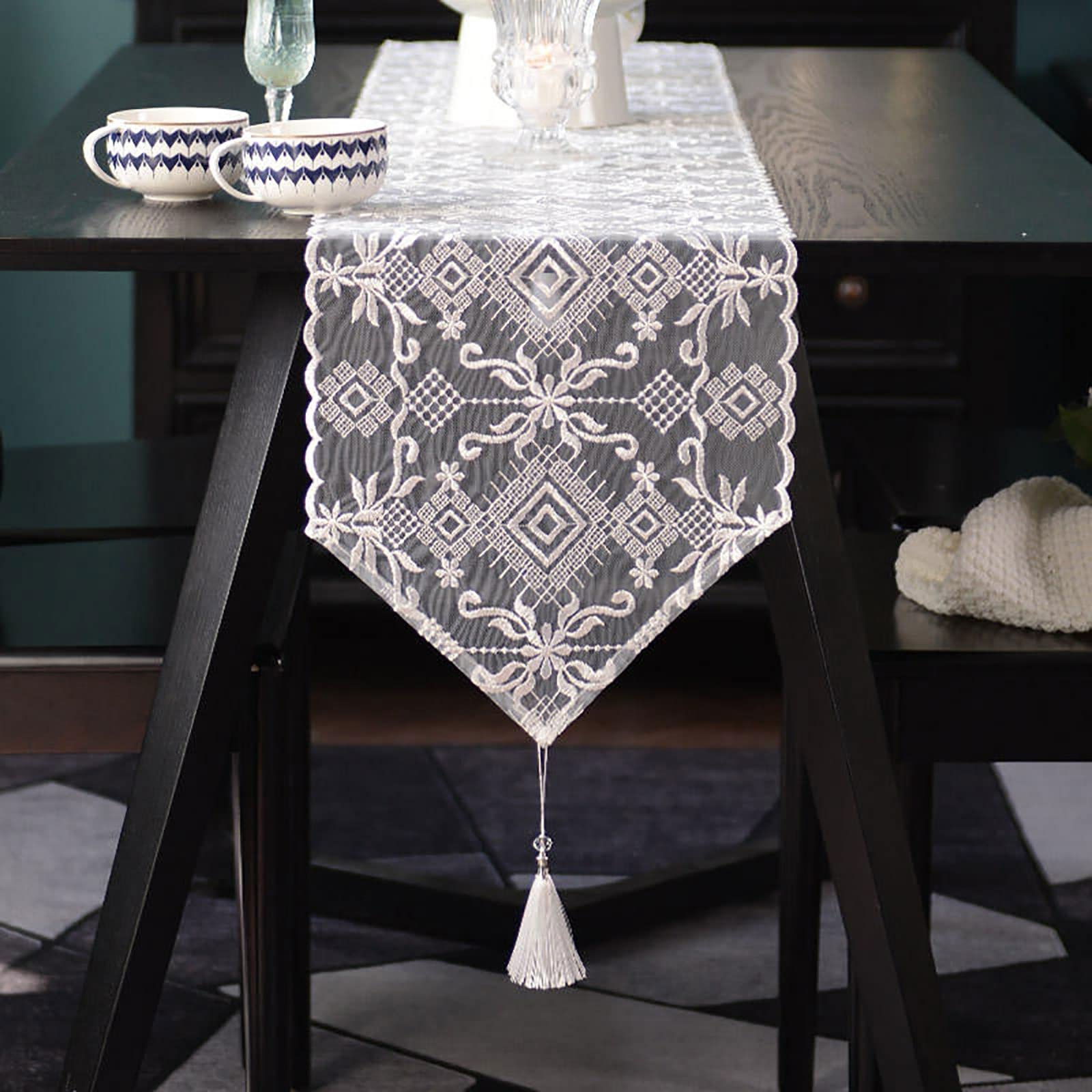 Elegante e lussuoso Runner da tavolo da ricamo da 2 pezzi for cucina, Cucina di casa, festa di Partito, Decorazioni per la casa rettangolare, runner da tavola in pizzo Regali di festa(33*90CM)