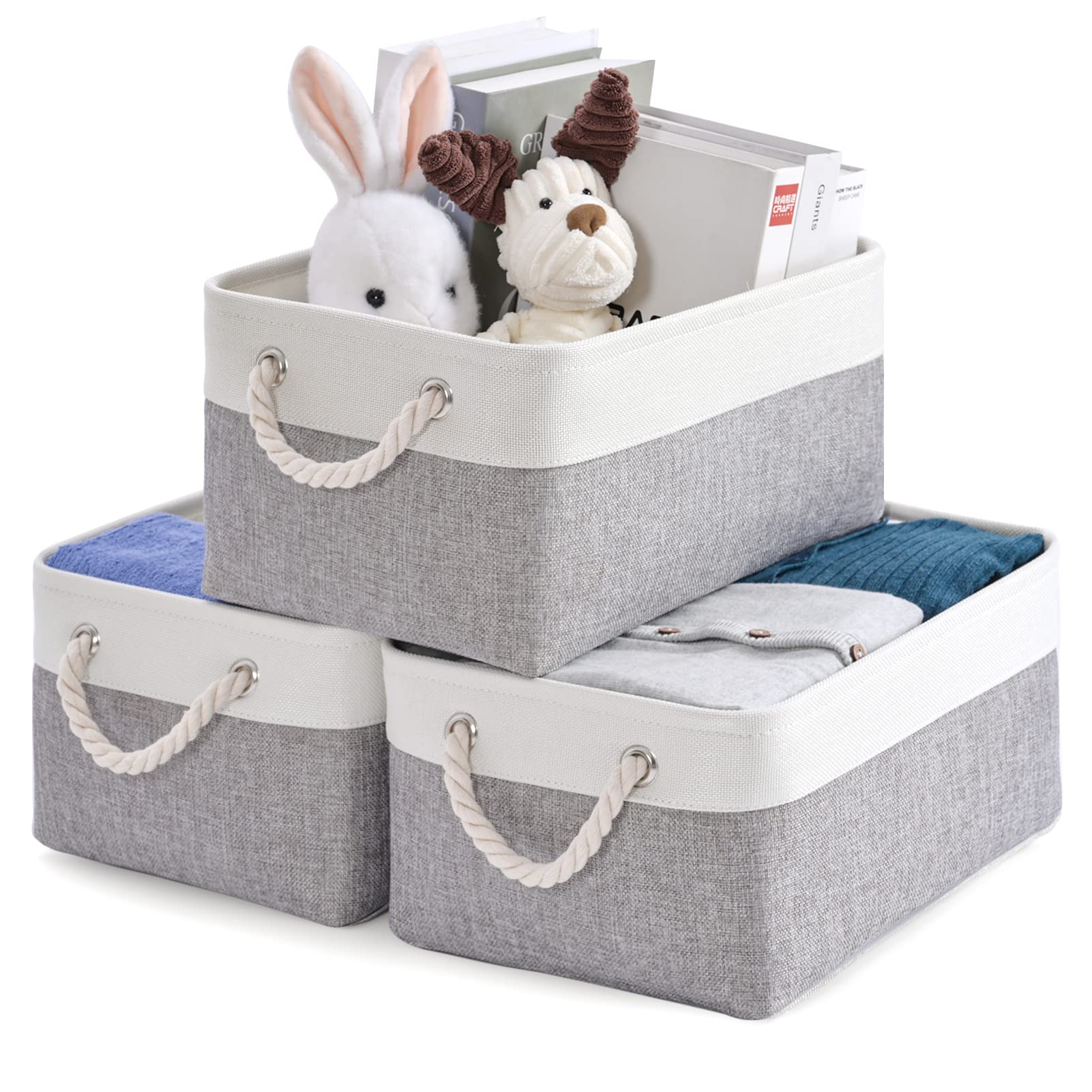 Kriovoa3 Pcs Fabric Storage Baskets, Foldable Storage Boxes Organizers with Handles, Canvas Storage Boxes for Shelves, Toys, Clothes, Books 36x26x18cm, White and Grey