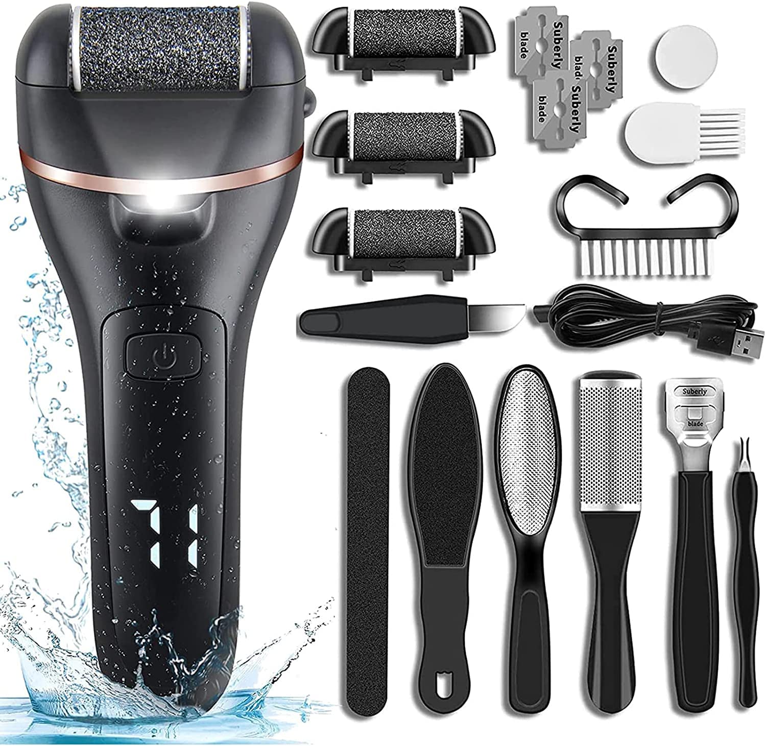 Electric Foot Callus Remover Rechargeable – Waterproof Professional Pedicure Kit with 3 Roller Heads & 2 Speeds, Foot File for Dead, Hard, Cracked Dry Skin (Black)
