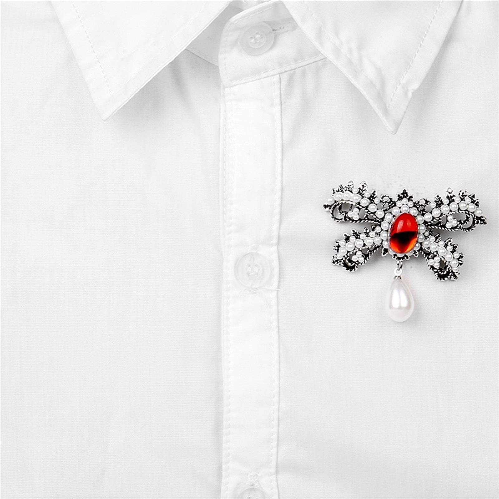 Brosche im klassischen Stil, rote Kristall-Strass-Bowknot-Brosche mit künstlichen Perlenbroschen für Damen, Kleidungszubehör
