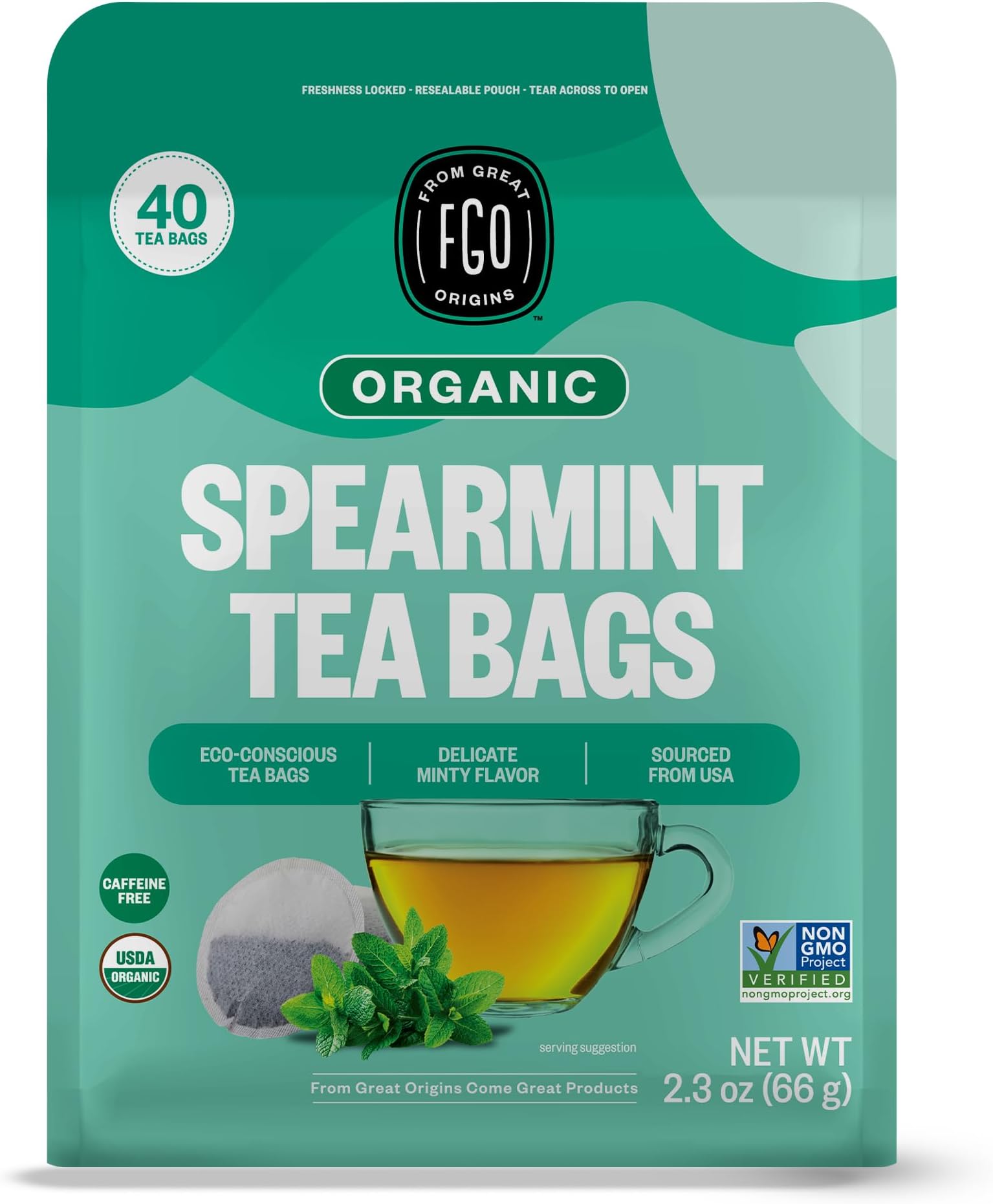 FGO Organic Spearmint Leaf Herbal Tea, 40 Count, Eco-Conscious Tea Bags, Caffeine Free, (Pack of 1)