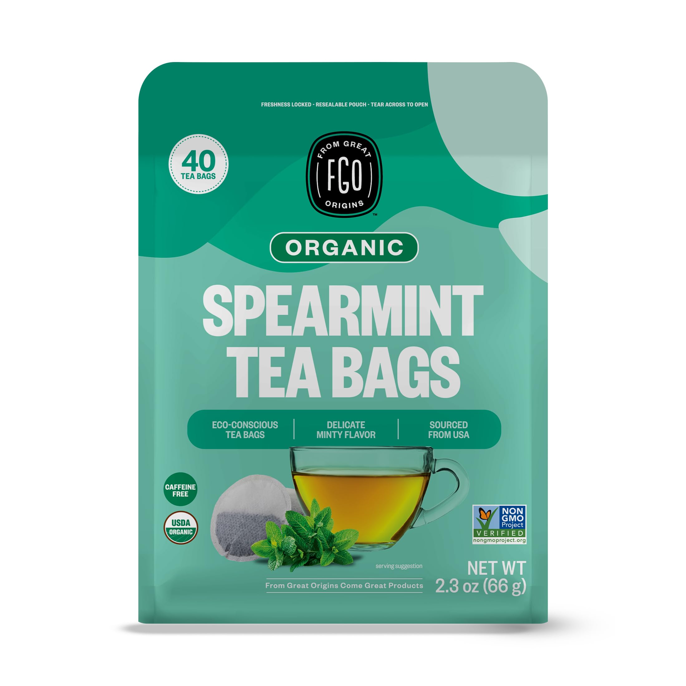 FGO Organic Spearmint Leaf Herbal Tea, 40 Count, Eco-Conscious Tea Bags, Caffeine Free, (Pack of 1)