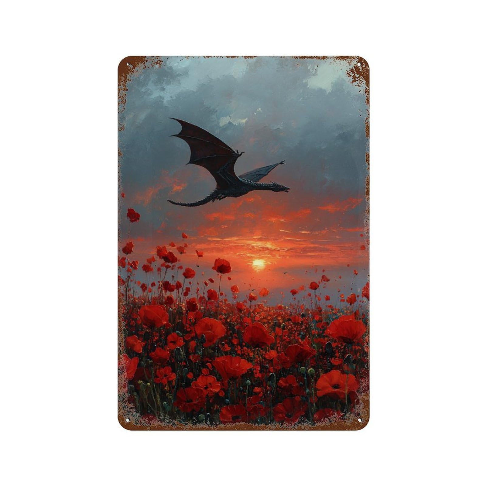 Dragon Over Poppy Field Vintage Rust Metal Sign 11.8"x7.9", Shabby Chic Decor for Shed, Workshop And Garage Wall Decor
