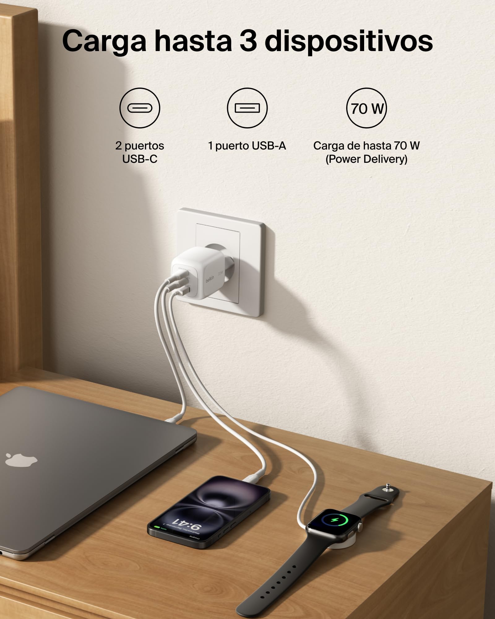 Belkin BoostCharge Pro Cargador USB-C GAN 70W, 3 Puertos y Adaptadores | Enchufe USB, 2 Puertos USB-C y 1 USB-A, Adaptadores Enchufe Británico y Americano, GaN y PPS, Carga Rápida iPhone y Samsung