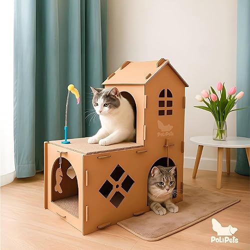 Miniatura 7 de Polipets Rascador para gatos en forma de casa de doble piso, almohadilla para rascar hecha de cartón corrugado reciclable, juguete afilador de