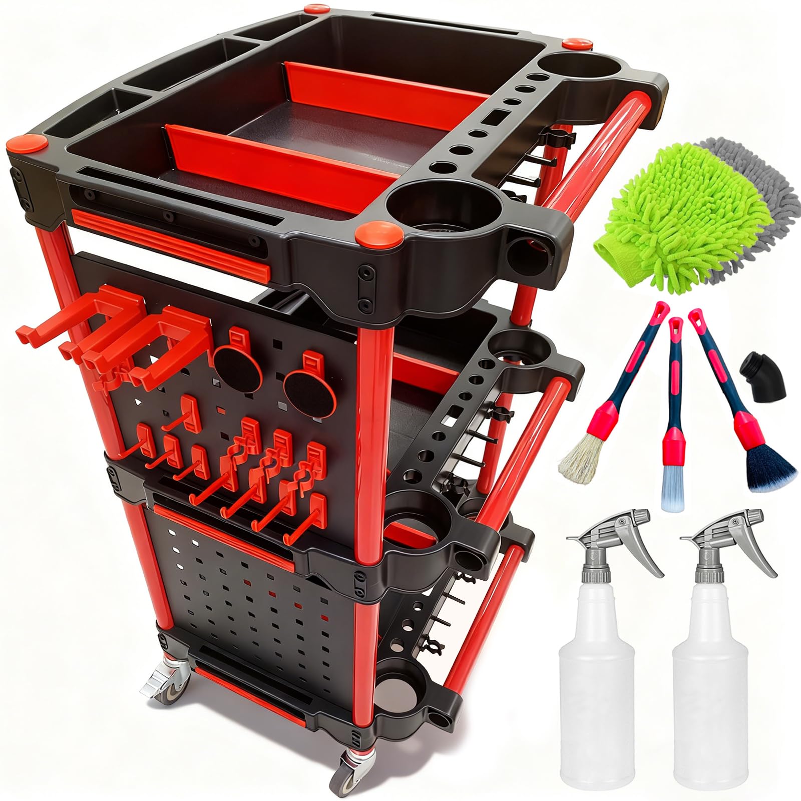 Werkzeugwagen auf Rädern, 200 kg Tragkraft, 3-stöckiger Rollwagen mit feststellbaren Rädern, 2 abnehmbare Stahl-Lochplatten + 2 Sprühflaschen + 3 Detailing-Bürsten + 2 Autowaschhandschuhe für Garage