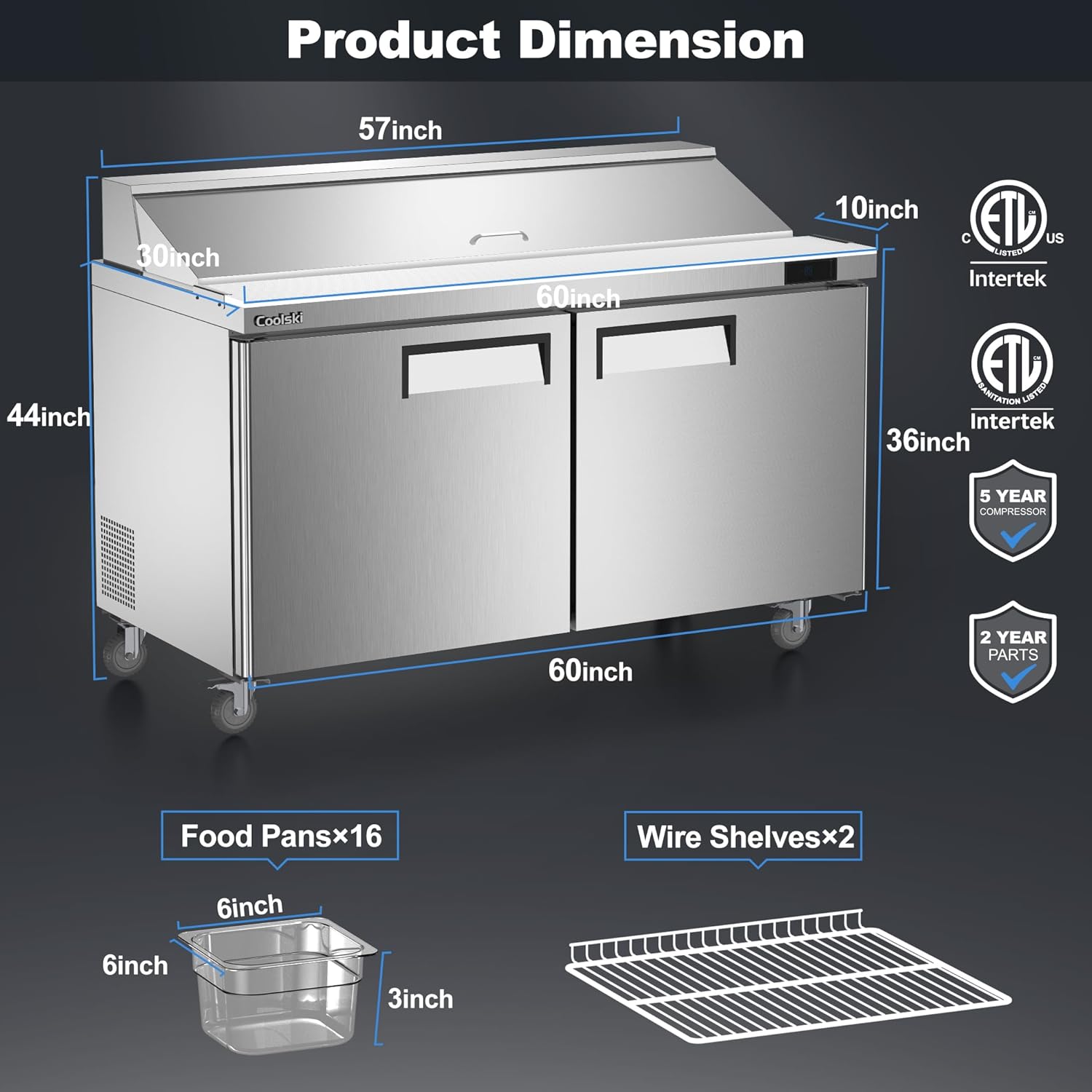 Dimensional diagram of the Coolski SR-60 prep table