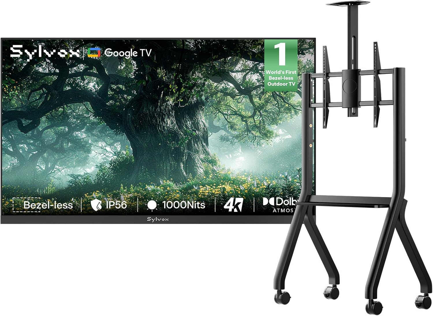 SYLVOX 55 inch Outdoor TV with Rolling Stand, Ultra-Narrow Bezel, 4K Smart TV, 1000 nits, IP56 Waterproof, Dual Speakers, All-Weather Metal Chassis for Patio, Deck, Backyard (Frameless Series)