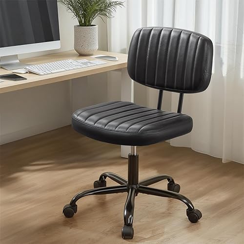 Sweetcrispy Silla pequeña de escritorio de oficina, piel sintética sin brazos con cómodo soporte lumbar, altura ajustable para no tener brazos, para