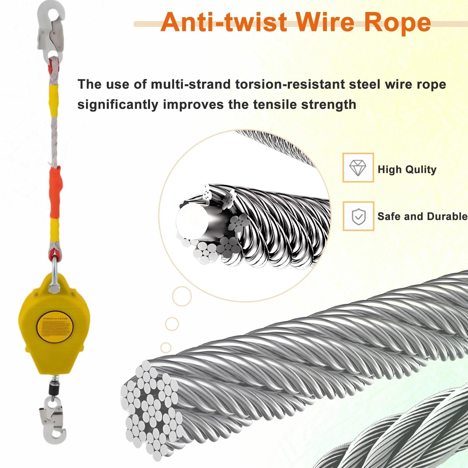 Antichute a Rappel Automatique, 3-20m Dispositif Anti Chute a Rappel Automatique, Harnais de Securite Anti Chute Professionnel pour Toiture, D'échafaudage et Travaux en Hauteur,150kg(Jaune,15M)