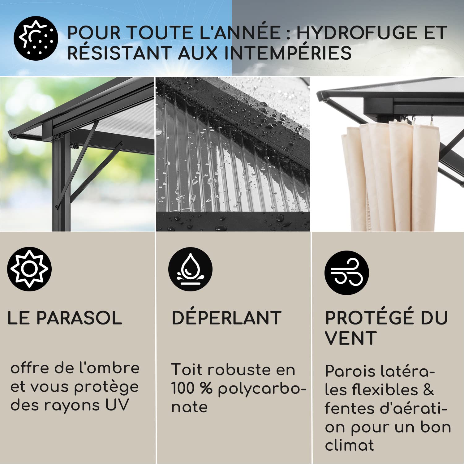 Blumfeldt Pergola Aluminium Polycarbonate 3x4m, Pergola Terrasse, Toit Rigide en Polycarbonate, en Verre Translucide et Eclairage LED Réglables, Structure Alu, 3x4, Tonnelle de Jardin