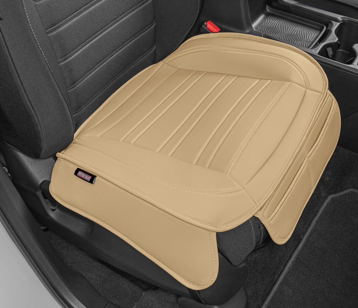 Motor Trend Beige Faux Leather Car Seat Cover for Front Seats, 1-Piece Padded Seat Protector with Storage Pockets, Premium Interior Cover for Cars Truck SUV Auto